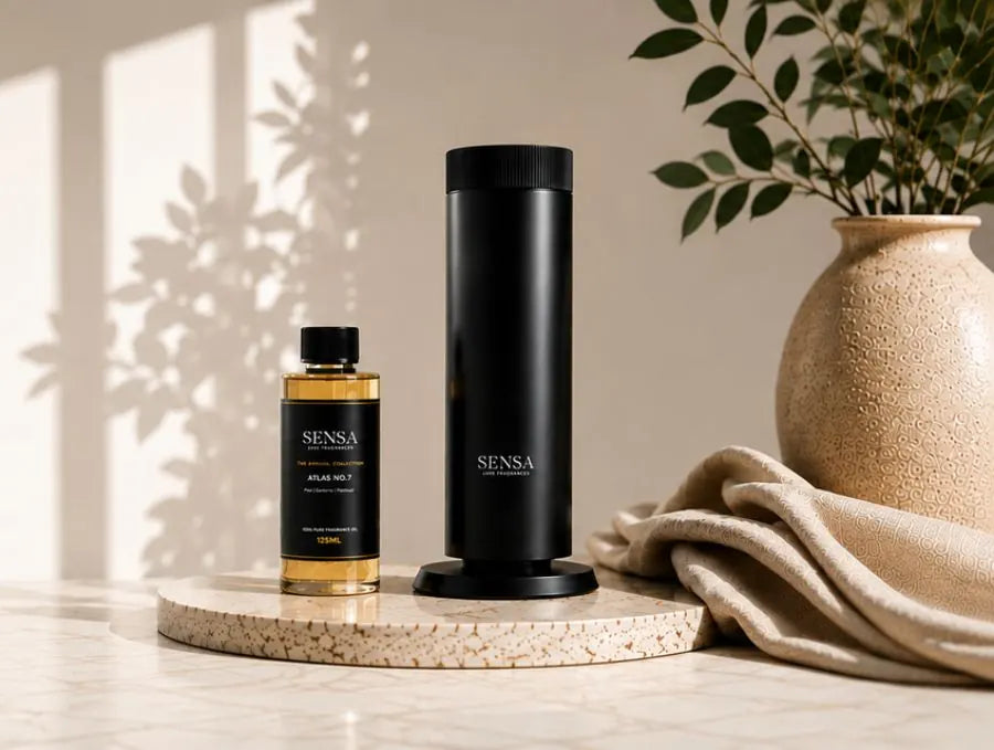 The Luma diffuser and a 125 ml oil on a stone tray in warm afternoon light
